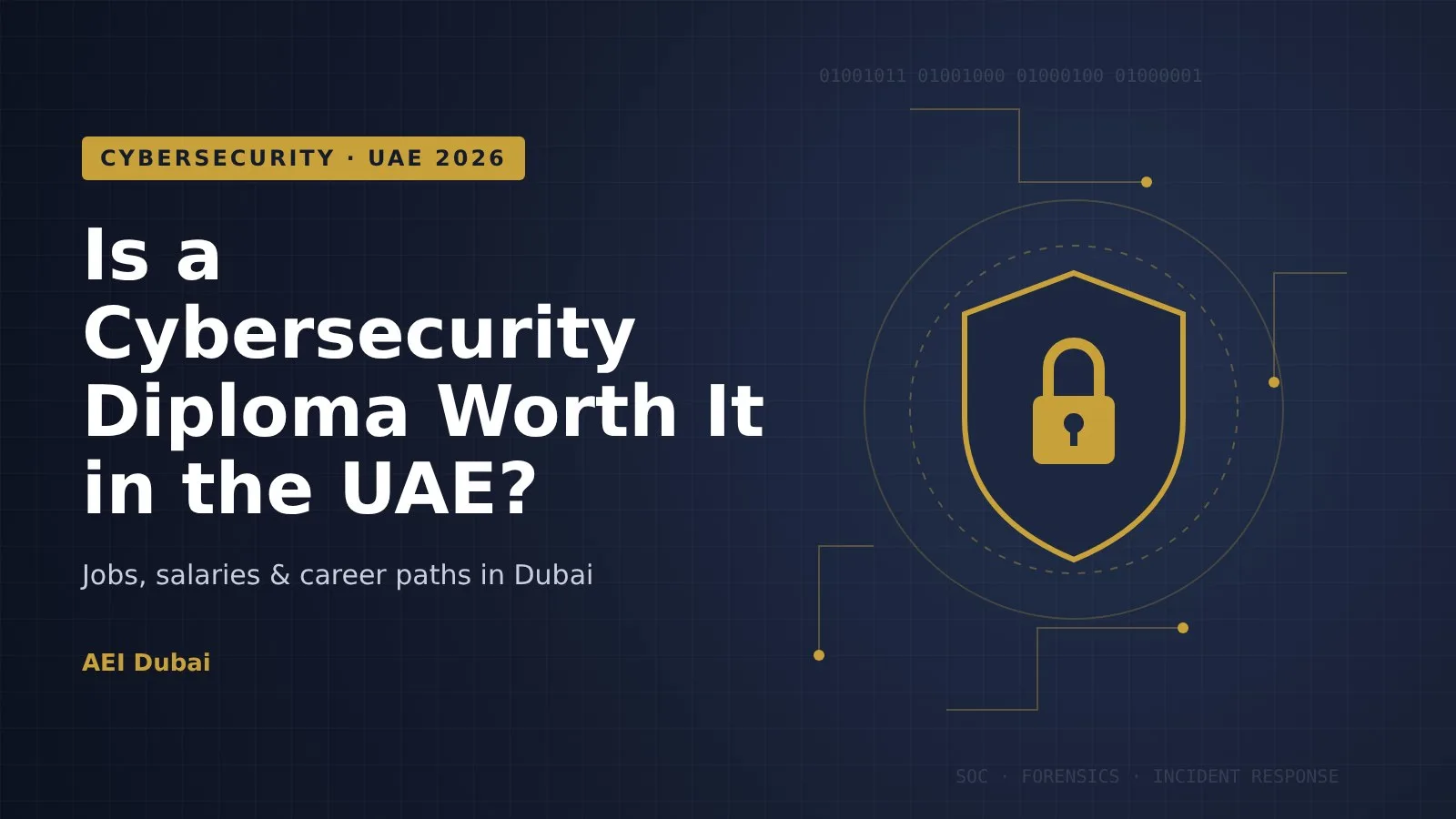 Cybersecurity diploma in the UAE: shield and padlock illustration for a guide to cyber security courses, jobs and salaries in Dubai